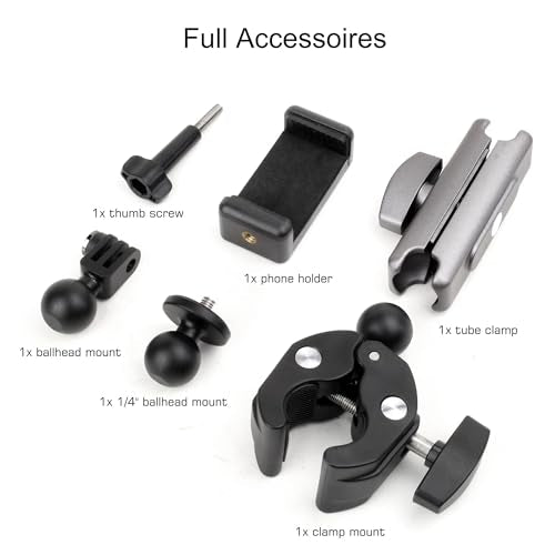 GEPULY Super Camera Clamp Mount for GoPro Insta360 - Aluminum Dual 360° Ball Head Magic Arm Adapters with 1/4''-20 Screw, Phone Tripod Holder Mount for Motorcycle Handlebar Fence Desk Tree Pole LED