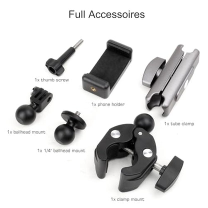 GEPULY Super Camera Clamp Mount for GoPro Insta360 - Aluminum Dual 360° Ball Head Magic Arm Adapters with 1/4''-20 Screw, Phone Tripod Holder Mount for Motorcycle Handlebar Fence Desk Tree Pole LED