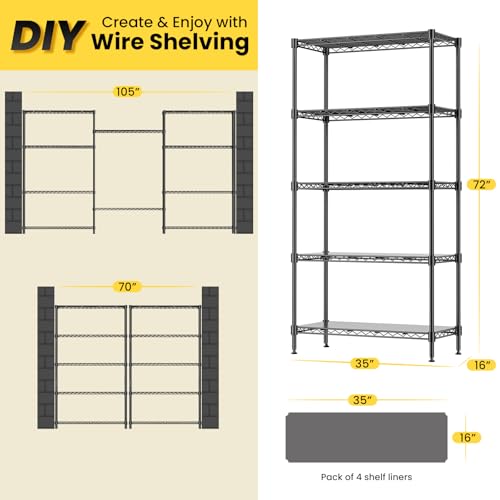 72" H Storage Shelves 5 Tier Wire Shelving with Shelf Liners, Adjustable Metal Garage Shelving, 1325LBS Heavy Duty Commercial Storage Rack for Pantry Kitchen, 35" W x 16" D x 72" H, Black - size: 35" W x 16" D x 72" H-5 Tier