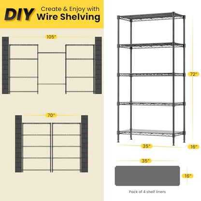 72" H Storage Shelves 5 Tier Wire Shelving with Shelf Liners, Adjustable Metal Garage Shelving, 1325LBS Heavy Duty Commercial Storage Rack for Pantry Kitchen, 35" W x 16" D x 72" H, Black - size: 35" W x 16" D x 72" H-5 Tier