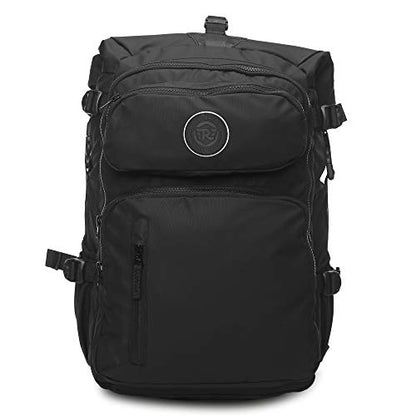 Royal Enfield Roll Top Backpack Black Waterproof 100% Polyester Motorcycle Bag Heavy-Duty Adventure Backpack Large Capacity Travel Pack for Bikers Hiking Camping Touring Outdoor Commuting