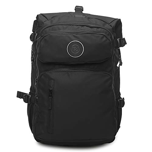 Royal Enfield Roll Top Backpack Black Waterproof 100% Polyester Motorcycle Bag Heavy-Duty Adventure Backpack Large Capacity Travel Pack for Bikers Hiking Camping Touring Outdoor Commuting