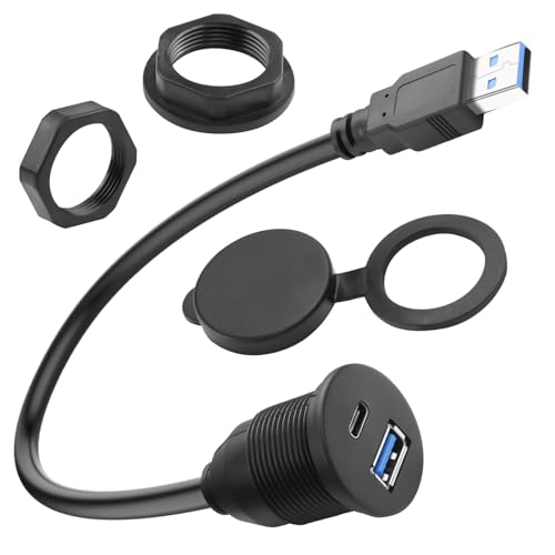 QIANRENON 2-in-1 USB3.0 to USB3.0 & USB C Threaded Fixed Adapter Short Cable 5GBps Type A Male to A + C Female Embedded Mount 1 to 2 Connector, 5V3A Charging, Mounted Car/RV Dashboard, 30cm/11.8in