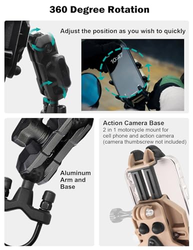 Motorcycle Phone Mount Holder with Vibration Dampener, Strong Clamp for iPhone 15 Pro Max/14/13, Galaxy S23+/23 and More, Aluminum Arm and Base, Suitable for Bike/ATV Handlebar