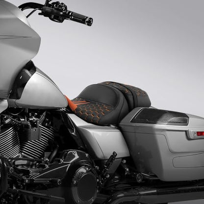 C.C. RIDER Low-Profile Rider&Passenger Seat Fit for Harley Touring 2023-2025 CVO Street Glide FLHXSE CVO Road Glide FLTRXSE 2024-2025 Street Glide FLHX Road Glide FLTRX FLTRXSTSE - size: 03# Black+ Orange Stitchs