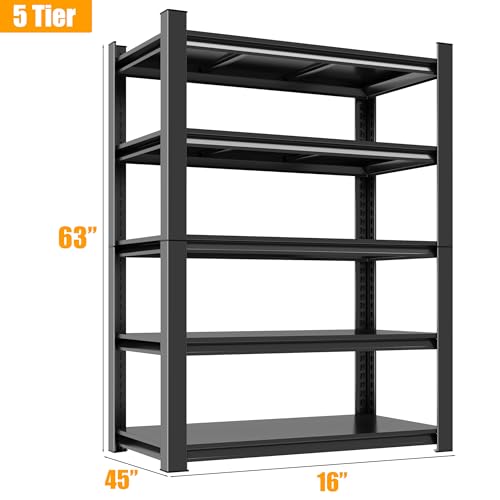 45"W Garage Shelving, Heavy Duty Metal Shelves, 5-Tier Shelving Units and Storage, Easy to Assemble, Adjustable Shelf, Ideal for Garage Basement Pantry Warehouse, Black, 63"H x 15.8" D x 45.3"W - size: 5 Tier | 63" H x 45" W x 16" D