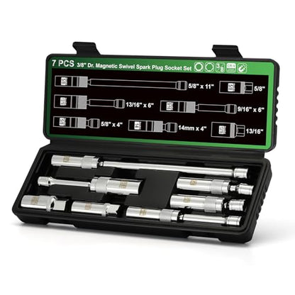 TecoTek 7 Piece 3/8-Inch Drive Magnetic Swivel Spark Plug Socket Set, Includes 9/16-Inch, 13/16-Inch, 5/8-Inch, 14mm Socket, 6-Point &12-Point, CR-V, Enhanced Magnetic Design with Thin Wall Socket