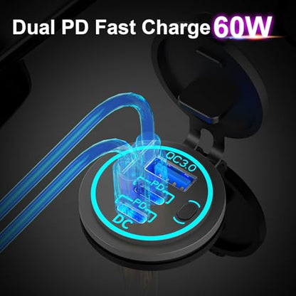2 Pack USB C Car Charger Socket 12V USB Outlet, 78W Dual 30W PD and 18W QC3.0 Multi Port Cylinder Charger with Button Switch Waterproof for Car Boat RV Marine Golf Cart Truck Bus Motor etc. - color: 2 pack