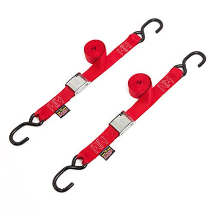 1.5in x 5.5ft Cam Buckle Tie-Downs w/S-Hooks - 600 lb. WLL / 1,800 lb. Breaking Strength - Made in USA - Red (Pair) - color: Red Strap