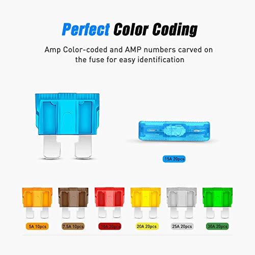 Nilight - 50029R 120 Pcs Standard Blade Fuse 5A/7.5A/10A/15A/20A/25A/30A AMP Assorted Set with 10 Pack 14AWG ATC/ATO Inline Fuse Holder, 2 Years Warranty, 1 Count (Pack of 10) - color: 120Pcs ATC/ATO Fuse + 14AWG Holder 10