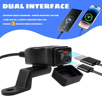 Motorcycle USB Charger QC 3.0 Phone Charger Dual USB Type C Voltmeter Switch Compatible with Phone Tablet Black