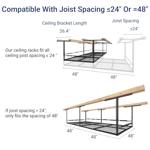 FLEXIMOUNTS 4x8ft Overhead Garage Storage Rack with Safety Rails, Black | 750 lbs Capacity, Adjustable 22-40" Height, 3-Sided Guard Rails, Heavy Duty Metal, Ceiling Storage System - color: Black