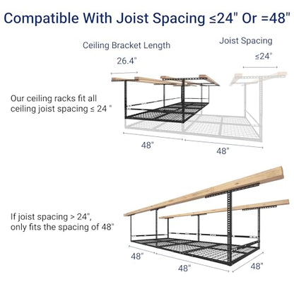 FLEXIMOUNTS 4x8ft Overhead Garage Storage Rack with Safety Rails, Black | 750 lbs Capacity, Adjustable 22-40" Height, 3-Sided Guard Rails, Heavy Duty Metal, Ceiling Storage System - color: Black