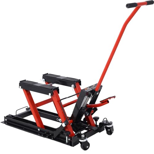 1500 LBS Hydraulic Motorcycle Lift Jack, Red Steel ATV Scissor Lift Table with 4 Swivel Wheels, Foot-Operated Hydraulic Hoist Stand with 2 Tie Down Straps for Garage Repair (Red) - color: Red