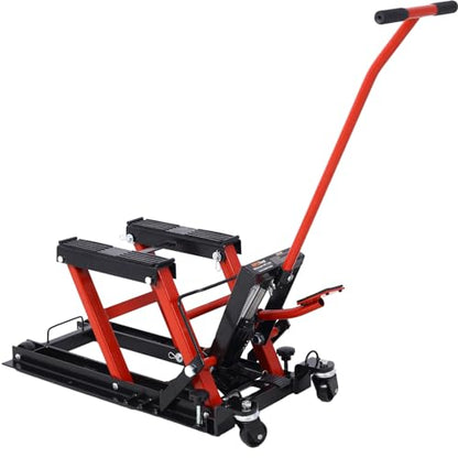 1500 LBS Hydraulic Motorcycle Lift Jack, Red Steel ATV Scissor Lift Table with 4 Swivel Wheels, Foot-Operated Hydraulic Hoist Stand with 2 Tie Down Straps for Garage Repair (Red) - color: Red