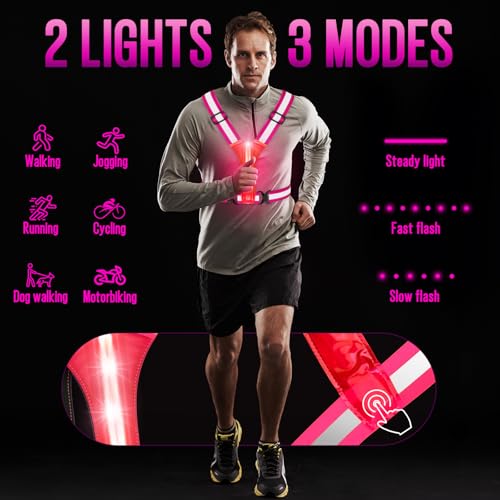 LED Rechargeable Reflective Vest with 11hrs Runtime, Light Up Safety Gear for Night Running Walking Cycling, USB Rechargeable - color: Pink