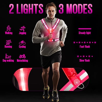 LED Rechargeable Reflective Vest with 11hrs Runtime, Light Up Safety Gear for Night Running Walking Cycling, USB Rechargeable - color: Pink
