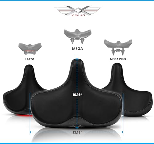 X WING New-Age Noseless Bike Seat Cushion for Men & Women - Extra Padding & Wide - Suitable for City, Electric, Stationary Bikes - Compatible with Peloton Bikes – Wide Winged Bike Seat with Cushion - color: Black Mega