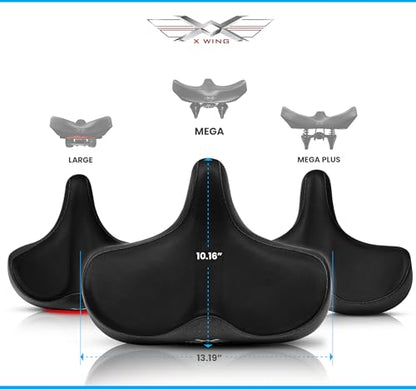 X WING New-Age Noseless Bike Seat Cushion for Men & Women - Extra Padding & Wide - Suitable for City, Electric, Stationary Bikes - Compatible with Peloton Bikes – Wide Winged Bike Seat with Cushion - color: Black Mega