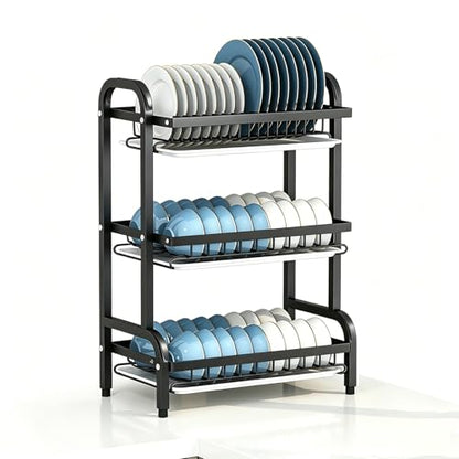 3 Tier Dish Drying Rack for Kitchen Counter, Large Capacity Dish Rack with Drainboard Set & Utensil Holder, Rustproof Metal Dish Drainer with Cup Bowl Plate Storage - color: Black1