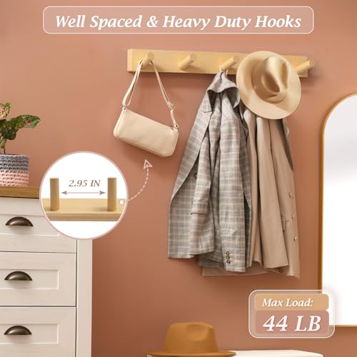 Coat Rack Wall Mount, Wooden Coat Hanger with 5 Hooks, Heavy Duty, Natural, 1 Pcs - color: Natural