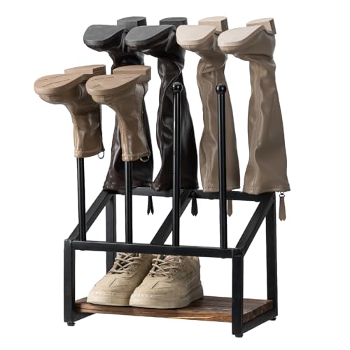 MyGift Industrial Metal & Burnt Wood 4-Pair Boot Rack with Shoe Shelf - Freestanding Rustic Entryway Organizer, Non-Slip Floor Protector for Mudroom/Garage/Closet - color: Burnt Brown-4