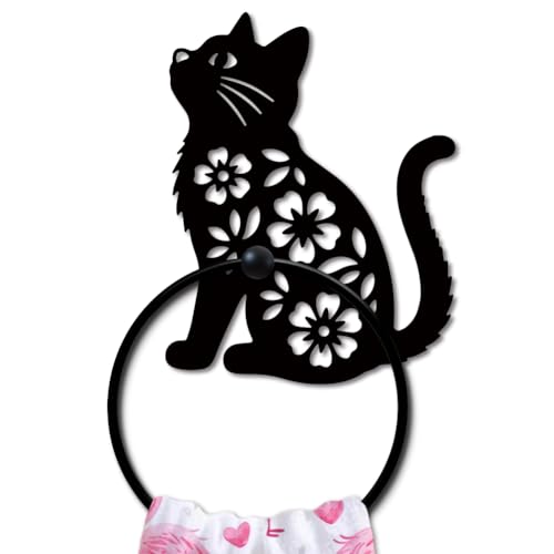 MAYJOYDIY Cat Metal Towel Ring, Cute Kitten Hollow Floral Patterns Black Hand Towel Holder, Animal Pet Hanging Ring Wall Mounted Bathroom Accessories for Bathroom Kitchen Home Decoration Gift - color: Cat