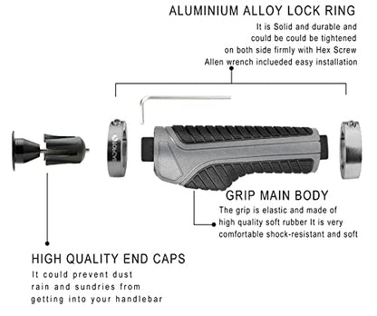 TOPCABIN Ergonomic Bike Grips - Widen Holding Rubber Grips with Aluminum LockGrips for Mountain & Road Bikes - color: Knife Style, Gray/Black (Aluminum Lock Plug)1 Pair