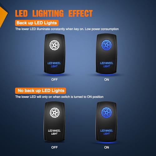 Nilight LED Wheel Light Rocker Switch Led Bar 5 Pin Laser On Off SPST Switches 20A/12V 10A/24V Blue with Jumper Wires Set for Cars Trucks Boats ATVs UTVs RVs - size: LED WHEEL LIGHT