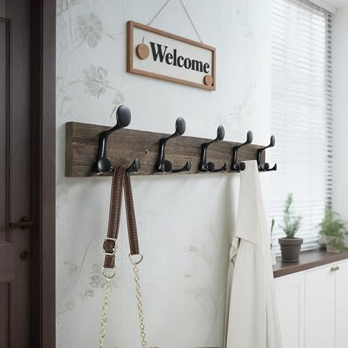 WEBI Coat Rack Wall Mount,30" Solid Wood Coat Hooks Wall Mounted Coat Hanger,16" Hole to Hole,Heavy Duty Hook Rack Rail,5 Triple Hooks for Hanging Coats,Jacket,Clothes,Hat,Backpack,Weathered Brown - color: Weathered Brown, size: 30 Inch