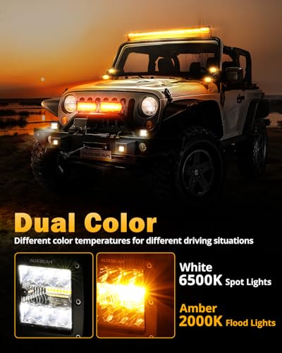 Auxbeam 6 Modes Amber White Series LED Cubes, 3Inch 72W LED Pods Dual Color Off-Road Strobe Lights, Spot Flood Combo Driving Offroad Ditch Lights Flashing Warning Functional, Pair - color: 3"