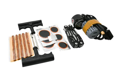 Motorcycle, ATV, UTV Flat Repair Kit Tubeless Tube Tire Repair Kit with Mini Air Compressor