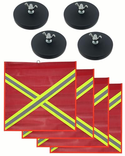 Safety Flags for Trucks with Heavy Duty Magnets Kit, 18 x 18 Inch Reflective Safety Flag with Wire Loop High Visibility Cross-Reflective Strip for Truck Hunting Bike Trailer Hauling (Red-4 Set) - color: Red Magnetic Safety Flags with Cross Reflective Stri