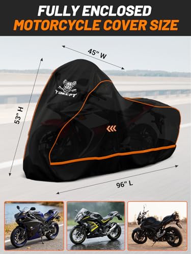 Full Enclosed Motorcycle Cover, 600D Heavy Duty Waterproof Motorcycle Cover with Reflective Strips & Vents, Fits 96" Scooter, Dirtbike, Cruiser & Touring Motorcycles (Black) - size: 96"-XXL