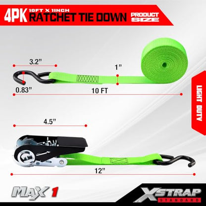 XSTRAP STANDARD Ratchet Tie Down Straps 4 Pk 10 Ft- 300 Lbs Load Cap- 900 Lbs Break Strength-Cargo Straps for UTV, ATV, Pickup,Truck, Moving Appliances, Lawn Equipment, Neon Green - color: Green, size: 4pk 1inchx10ft