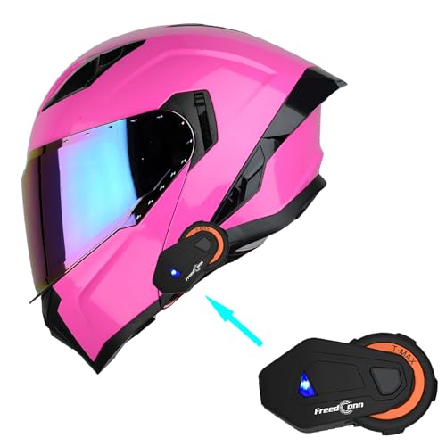 1Storm Motorcycle Street Bike Modular/Flip up Dual Visor Sun Shield Full Face Helmet + One Extra Clear Shield: KT928 - color: Z Bluetooth Glossy Pink