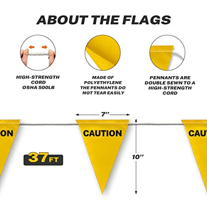 OSHA 500LB Rated Flags Caution String Pennants Warn of Rooftop, Hazardous Areas, Traffic Control. Marking Construction Sites.(37FT String) - size: 7"x10"x37Ft, style: Yellow Caution