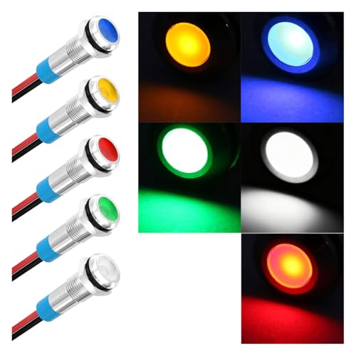 5PCS 6MM 1/4" LED Indicator Light, AC/DC 12-24V Waterproof IP66 Metal Signal Lamp, Metal Indicator with 145mm Wire, Automotive LED Indicator Light for Cars Trucks Boats (Muticolor) - color: Muticolor