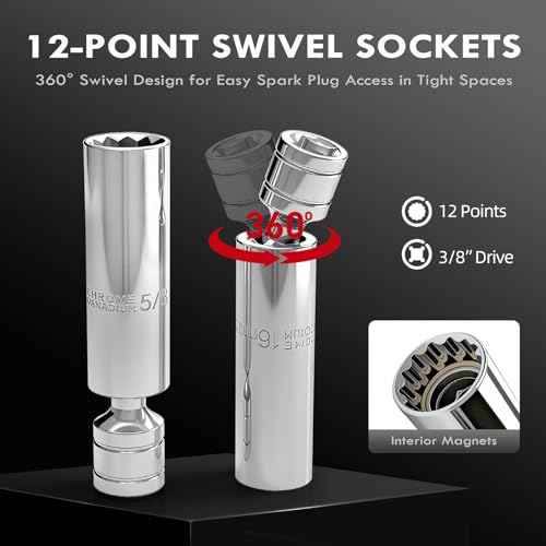 14-Piece 3/8-Inch Drive Spark Plug Socket Set with Torque Wrench (3-62.6 Ft.Lb / 4.2-85 N.m), Magnetic Swivel Socket, Universal Joint & Extension Bar, CR-V Steel for Auto Repair - size: 3/8" 14pcs-Spark 4.2-85N.m/3-62.6Ft.lb