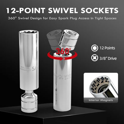 14-Piece 3/8-Inch Drive Spark Plug Socket Set with Torque Wrench (3-62.6 Ft.Lb / 4.2-85 N.m), Magnetic Swivel Socket, Universal Joint & Extension Bar, CR-V Steel for Auto Repair - size: 3/8" 14pcs-Spark 4.2-85N.m/3-62.6Ft.lb