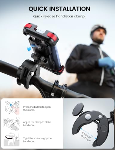 Lamicall Motorcycle Phone Mount, Bike Phone Holder - Upgrade Quick Install Handlebar Clip for Bicycle Scooter, Cell Phone Clamp for iPhone Air, 17 16 15 Pro Max, Galaxy, 4.7-6.8" Phones, Red - color: Red