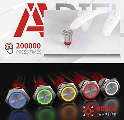 APIELE 16mm Latching 12V Push Button Switch On Off Stainless Steel with LED Angel Eye Head for 0.63" Mounting Hole with Wire Socket Plug Self-Locking (Yellow) - color: Silver Shell-Yellow, size: Silver Shell