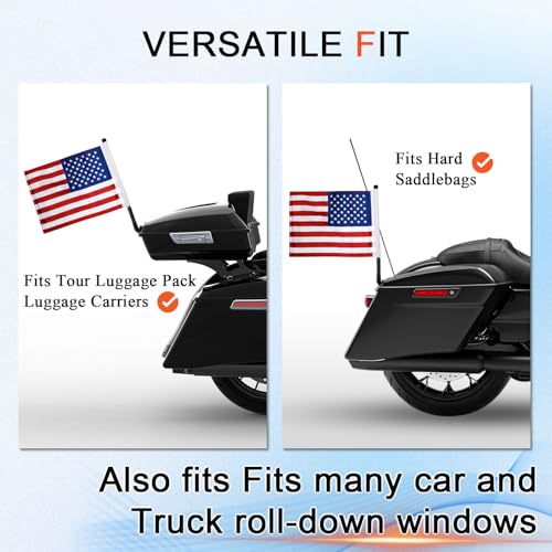 FOVPLUE 15" x 11" American Flag Kit,Clamp On Motorcycle Flag Pole Mount for Harley Touring Hard Saddlebags,Trunk,Luggage Carrier,car/truck roll-down window,Fits Electra Glide/Road King/Street Glide