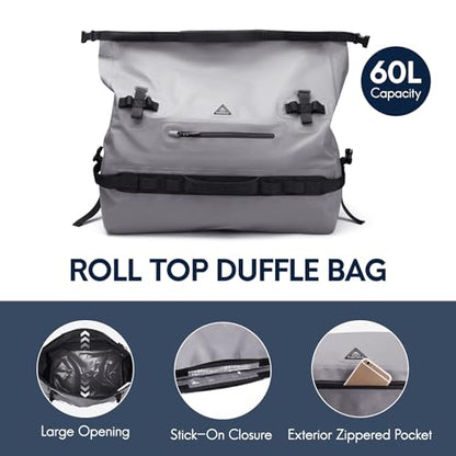 Haimont IPX7 Waterproof Roll-Top Dry Duffel Backpack | 60L/90L Sizes, 500D Tarpaulin, Welded Seams, Mesh Pockets, Boating & Kayaking - color: Light Gray, size: 90L