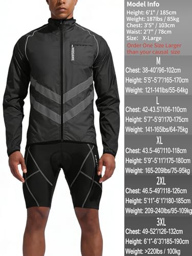 WOSAWE Men's High Visibility Cycling Wind Jacket Water Resistance Reflective Windbreaker - color: Black Jacket 218, size: XX-Large
