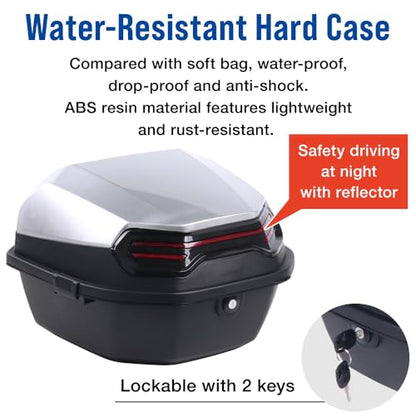 Japard Motorcycle Top Case 42L Daily Rear Tail Box Trunk, Lockable Storage Carrier, Waterproof Universal Mounting for Helmet Luggage (Silver White) - color: Silver White