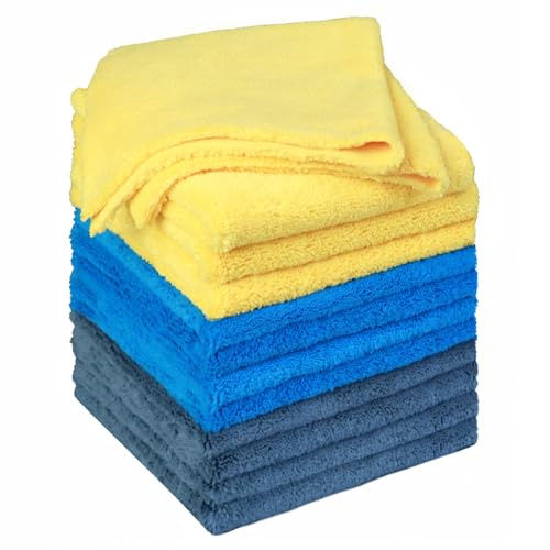 Big RED ATRJL01R Microfiber Cleaning Cloth: 18"X18" Cleaning Towels with 3 Color, 12 Pack, Grey/Blue/Yellow
