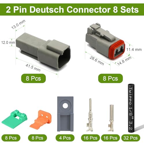 2 Pin Deutsch Connectors Kit 8 Sets, Gray DT Connector Kit, 2 Wire Automotive Electrical Waterproof Connectors with 32pcs Shrink Tubing Kit 22-16AWG - size: 22-16AWG 8Set DT