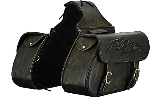 Motorcycle 2 Pc Throw over Concealed carry gun pocket Genuine Distressed Brown Leather Saddlebag Flame Zipoff, Medium