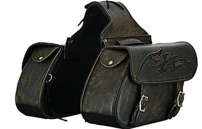 Motorcycle 2 Pc Throw over Concealed carry gun pocket Genuine Distressed Brown Leather Saddlebag Flame Zipoff, Medium